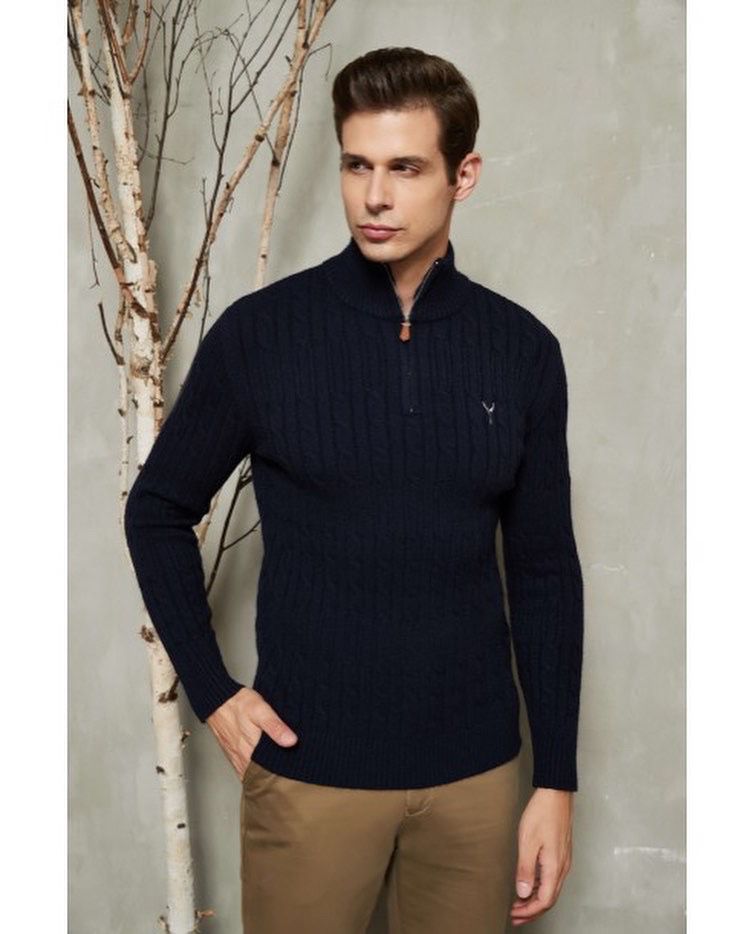 trui kabelmotief donkerblauw